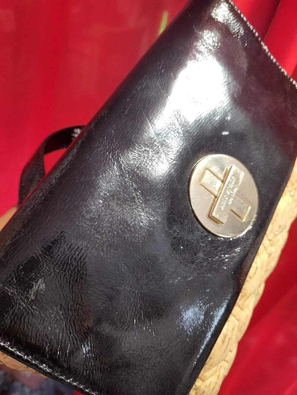 kate spade Black Patent & Beige Shoulder Bag with Gold Chain